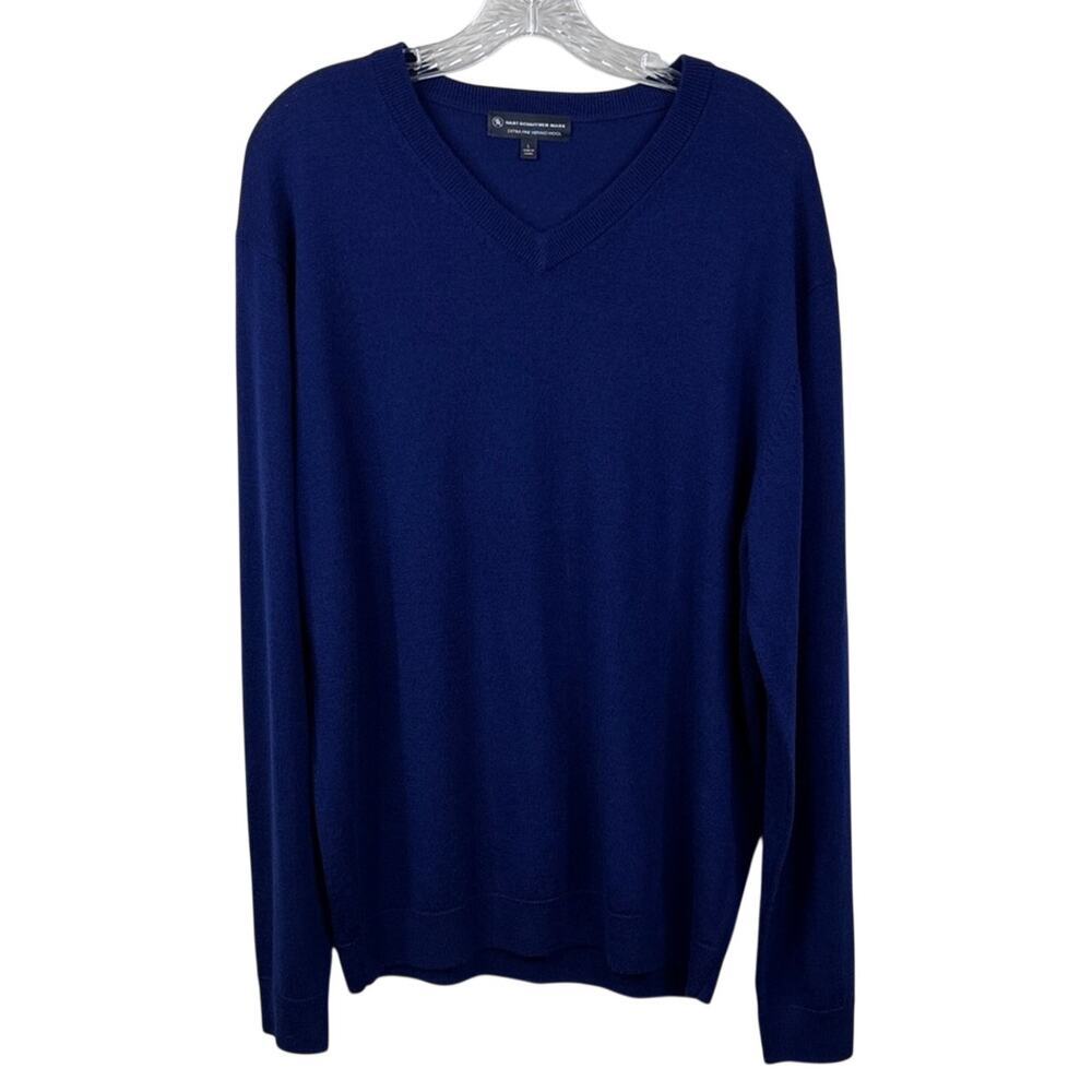 Hart Schaffner Marx Extra Fine Merino Wool Navy Blue V Neck Mens Large Sweater